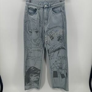 Romwe Jeans Womens 6 Blue High Rise 5-Pocket Anime Print Y2K Straight Leg Denim